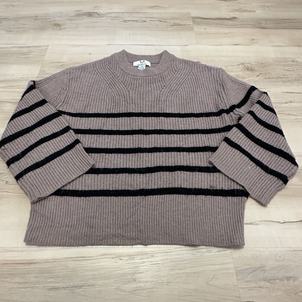 Magaschoni Womens Mauve Taupe Black Striped Ribbed Knit Crew Neck Sweater Size M